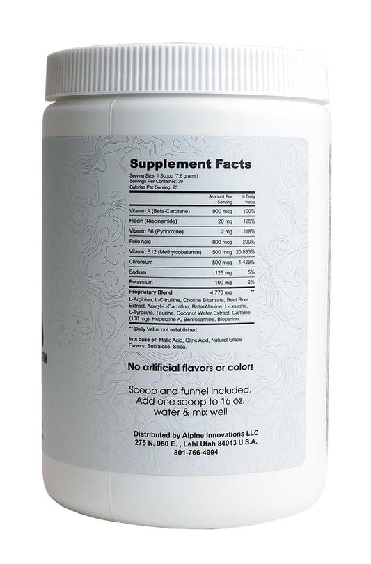 Alpine Innovations Body Fuel grape tub side view highlights flavor and convenient packaging for daily use.