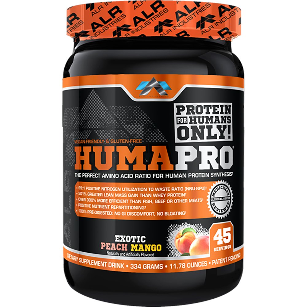 ALR Industries Humapro bottle front with Exotic Peach Mango flavor for on-the-go protein support
