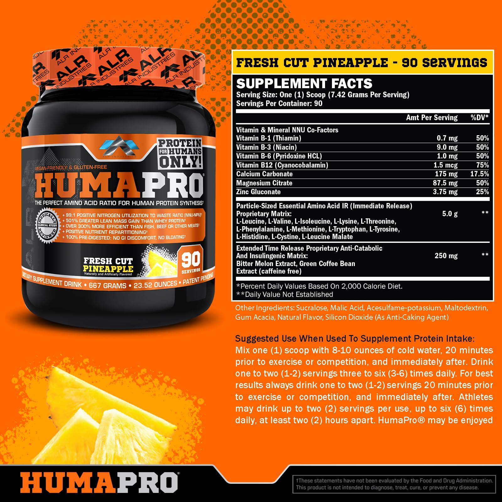 ALR Industries Humapro scoop-dispense close-up highlighting ultra-concentrated amino acids for recovery.