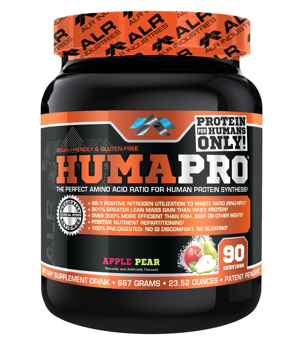 ALR Industries Humapro bottle label highlights vegan amino acid matrix for lean muscle support.