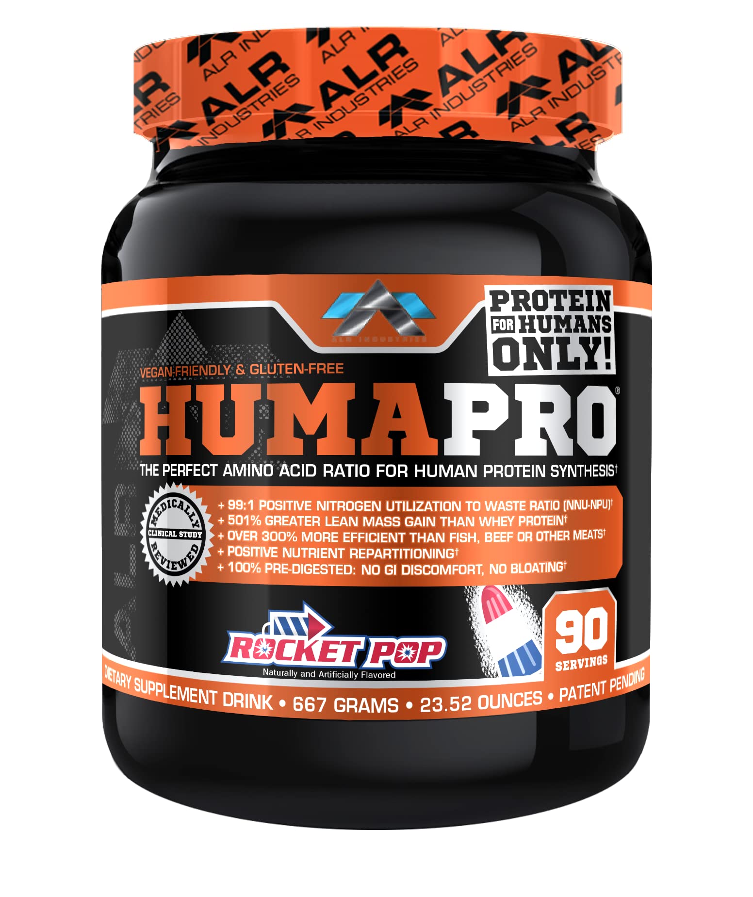 ALR Industries Humapro bottle on kitchen counter, vegan amino acid matrix for lean muscle.