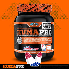 Rocket Pop flavor packaging featuring ALR Humapro, vegan and gluten-free protein option.