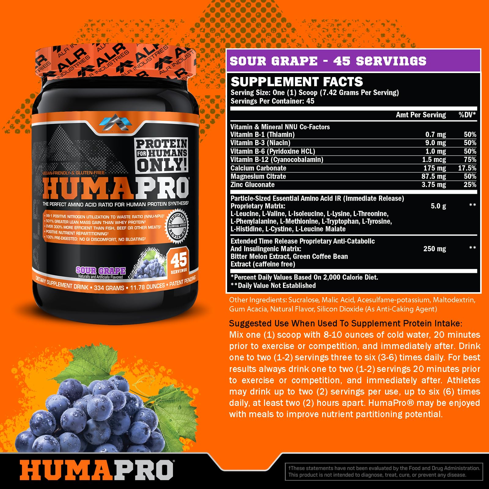 Humapro sour grape tub highlighting vegan, gluten-free formula for lean muscle support