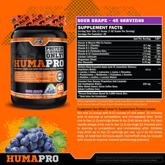 Humapro sour grape tub highlighting vegan, gluten-free formula for lean muscle support