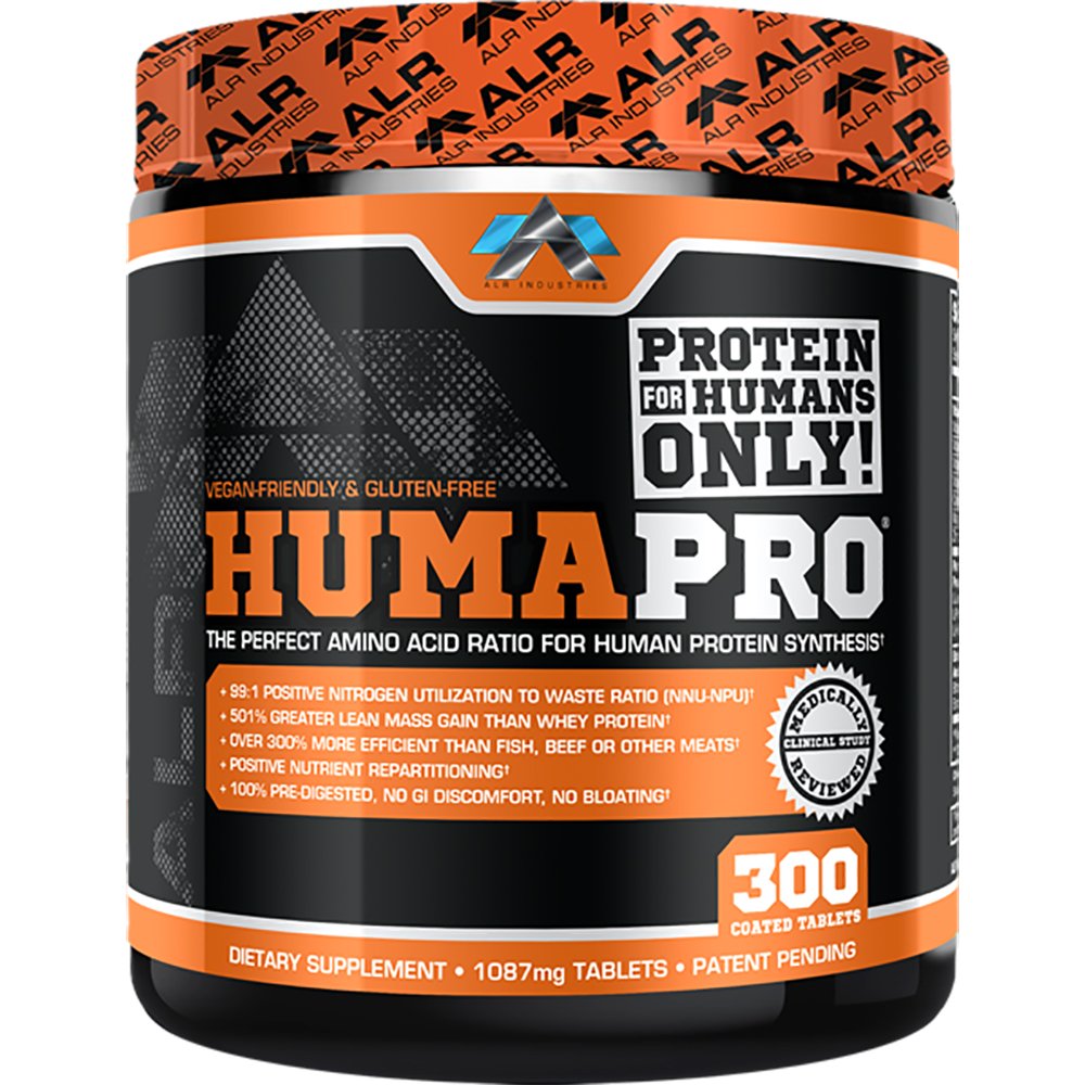 ALR Industries Humapro tablets bottle front shows protein-rich formula for lean muscle support.