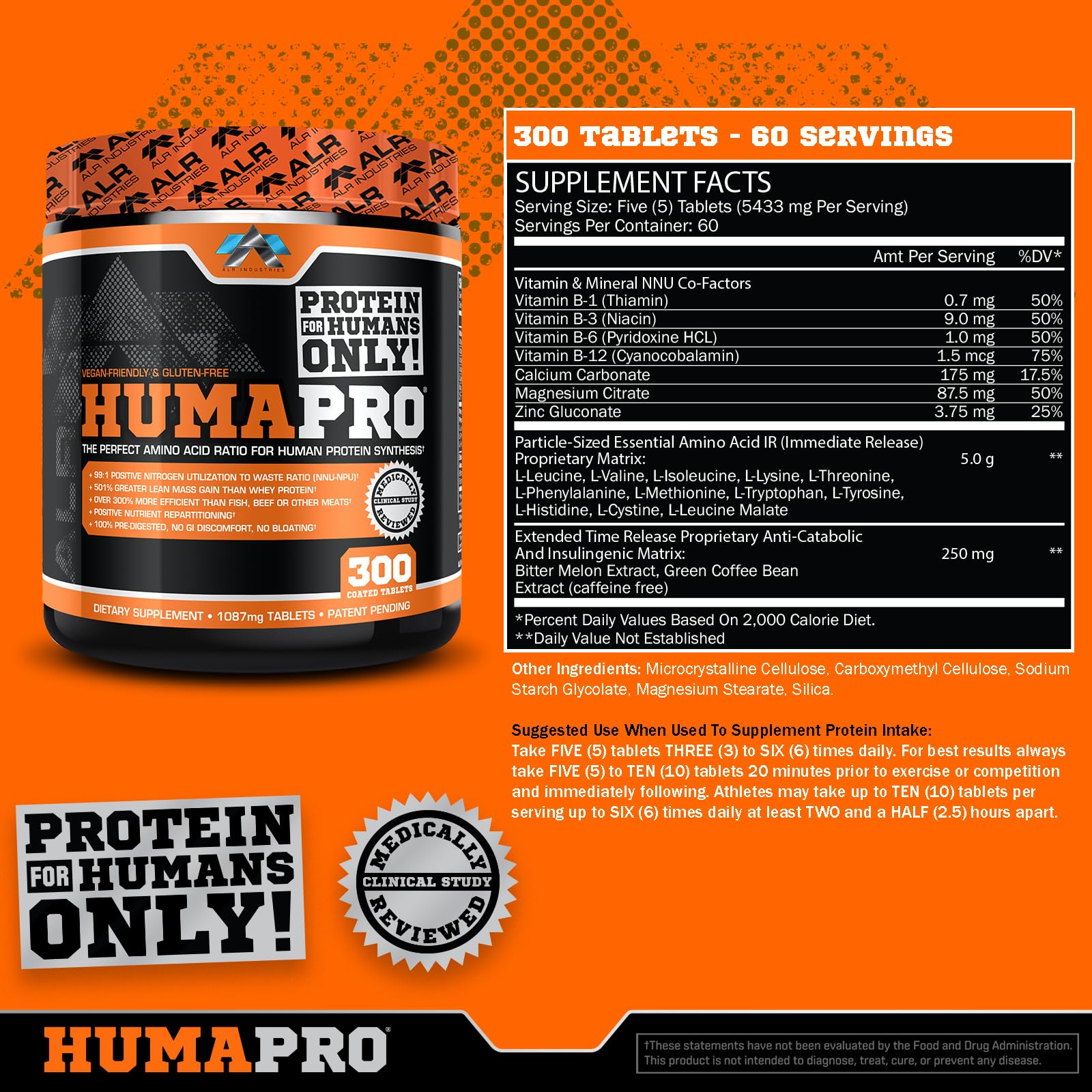 ALR Industries Humapro tablets bottle side label highlights vegan gluten-free features.