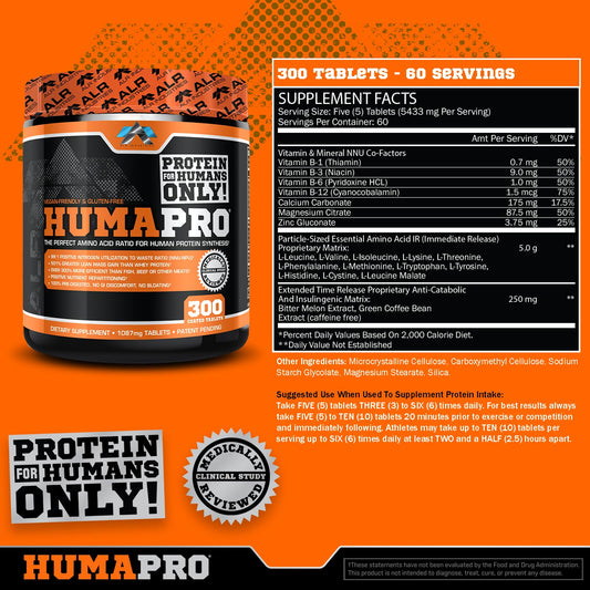 ALR Industries Humapro tablets bottle side label highlights vegan gluten-free features.
