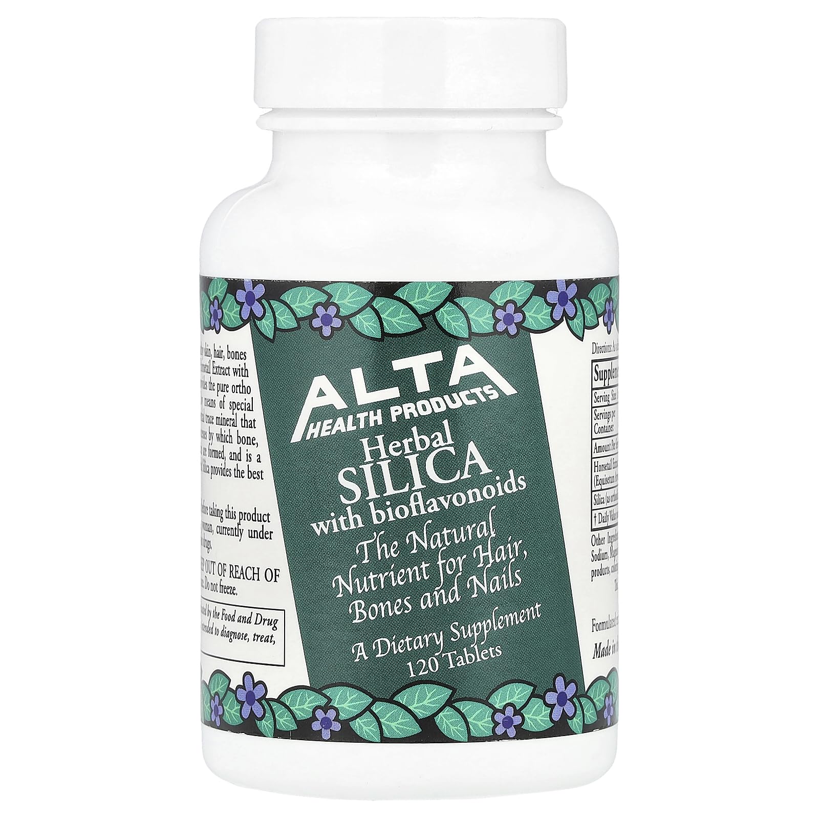Alta Health Silica bottle front view highlighting skin and hair support