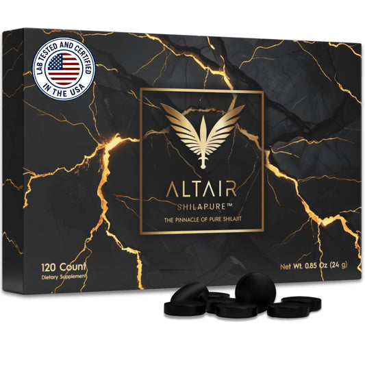 Altair Shilapure bottle-front shows premium purity and full 4-month supply.
