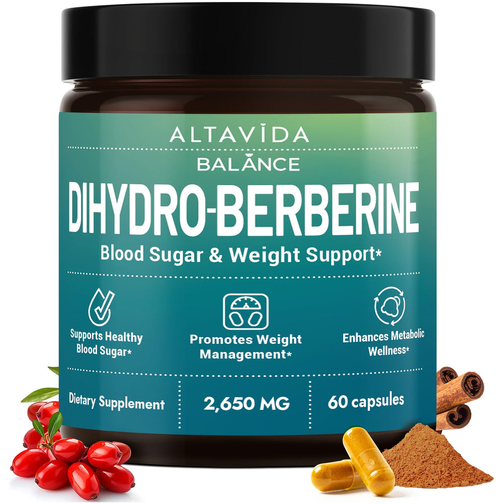 Altavida Dihydroberberine bottle pour showing easy daily use for metabolic wellness.