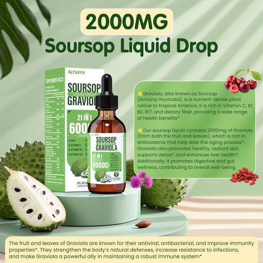 Altuvyx Soursop liquid drops being poured into water for easy intake.