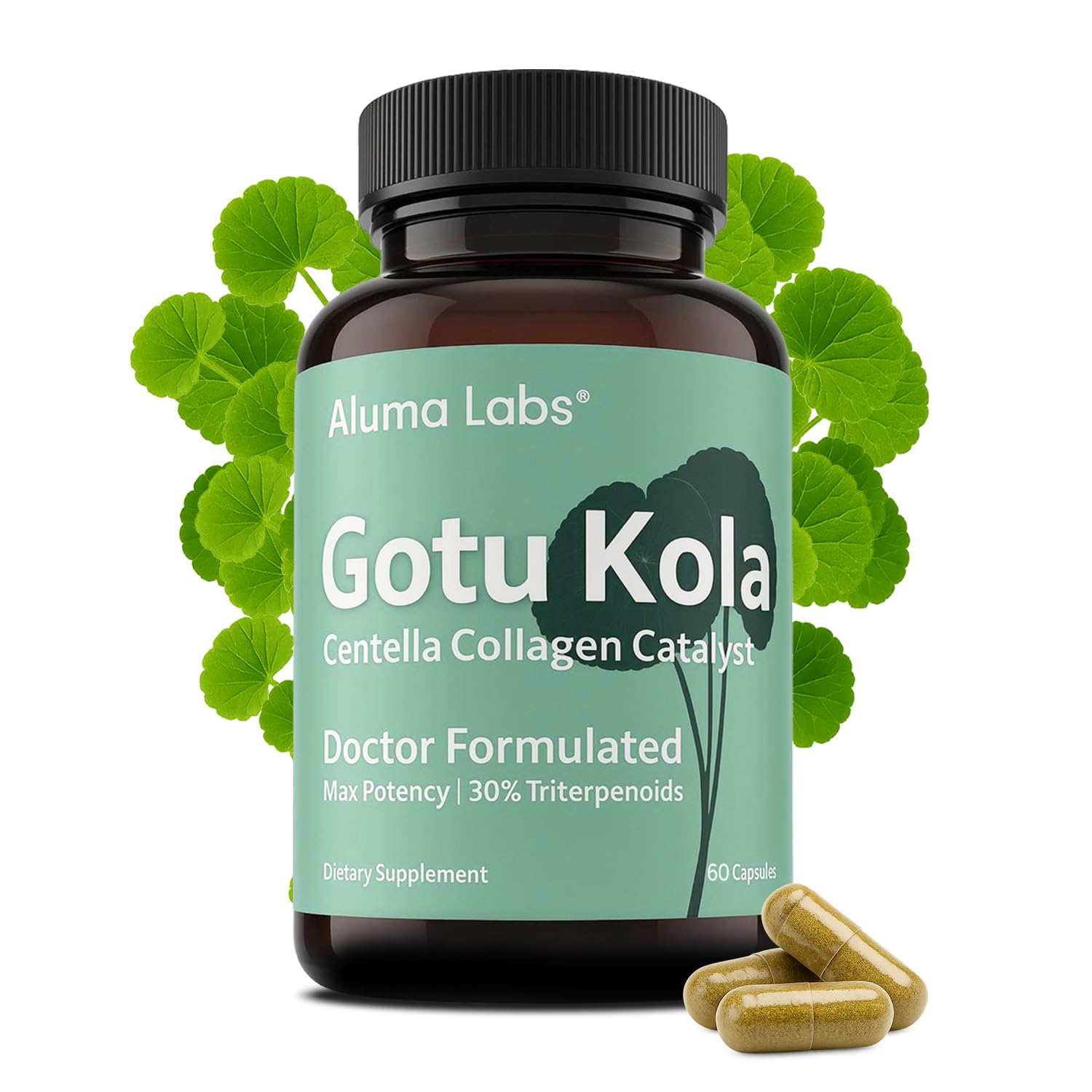 Aluma Labs Gotu Kola capsules bottle shows 860mg for skin and collagen support