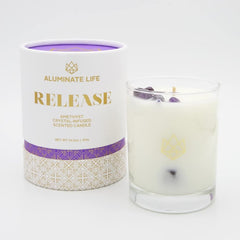 Aluminate Life amethyst-infused candle with crystal for calming ambiance