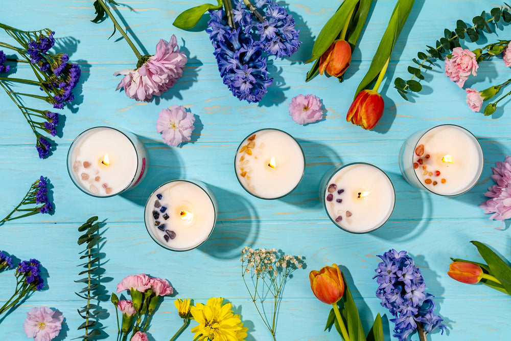 Crystal infused candle from Aluminate Life serves as decorative centerpiece.