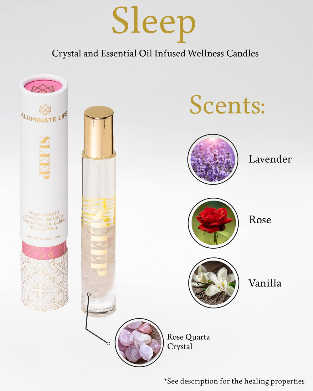 Aluminate Life crystal-infused roller featuring rose quartz for balanced mood.