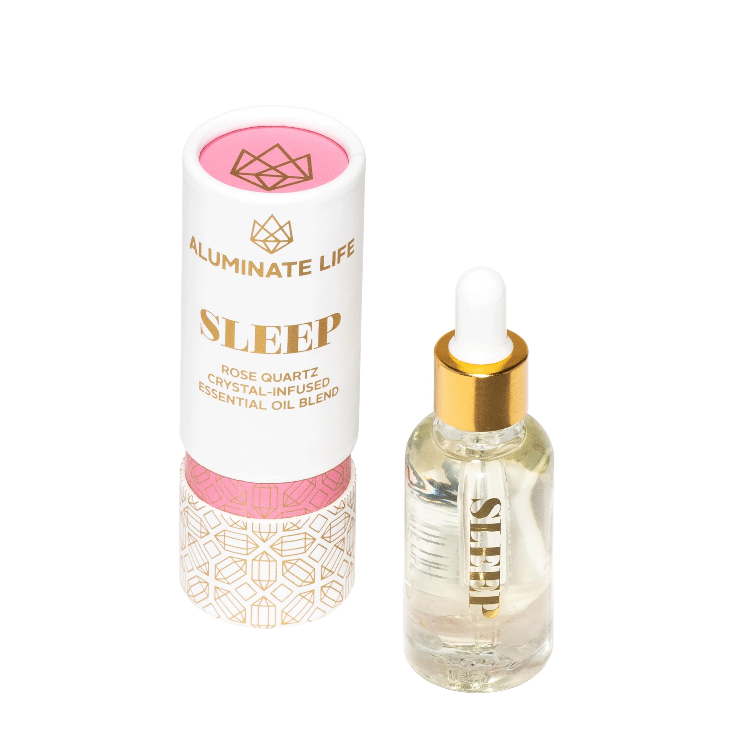 Aluminate Life Sleep oil vial with rose quartz infusion for aromatherapy.