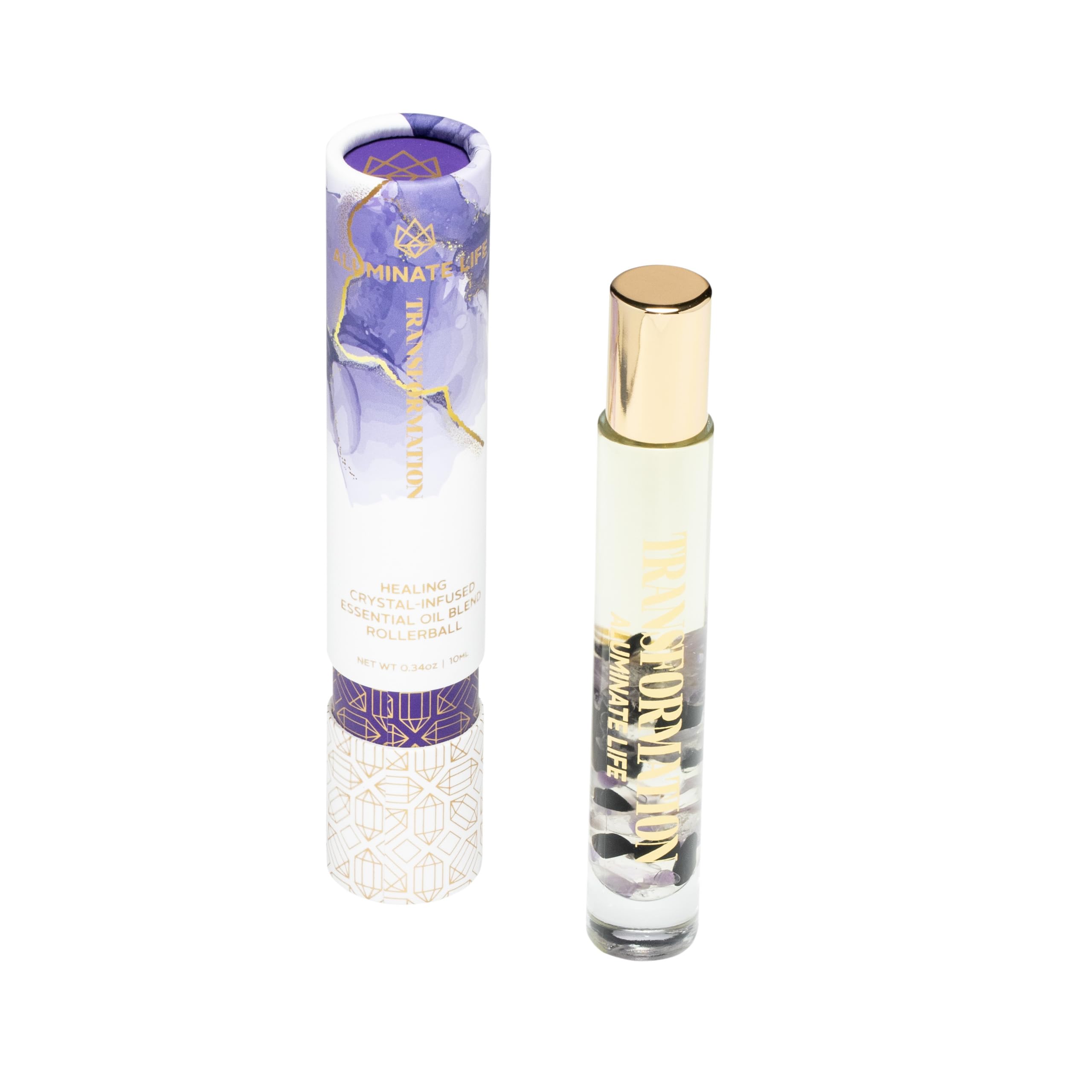 Aluminate Life Transformation Rollerball amethyst bottle close-up for on-the-go aromatherapy.