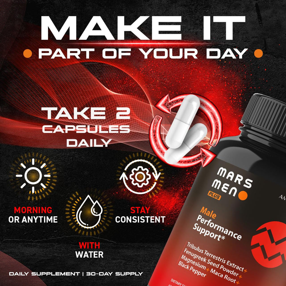 AMACARE Mars Men Plus bottle-dosing image shows two capsules per serving.