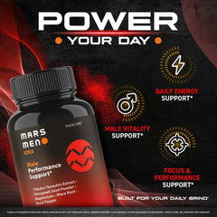 AMACARE Mars Men Plus capsules close-up highlighting easy-to-swallow design.