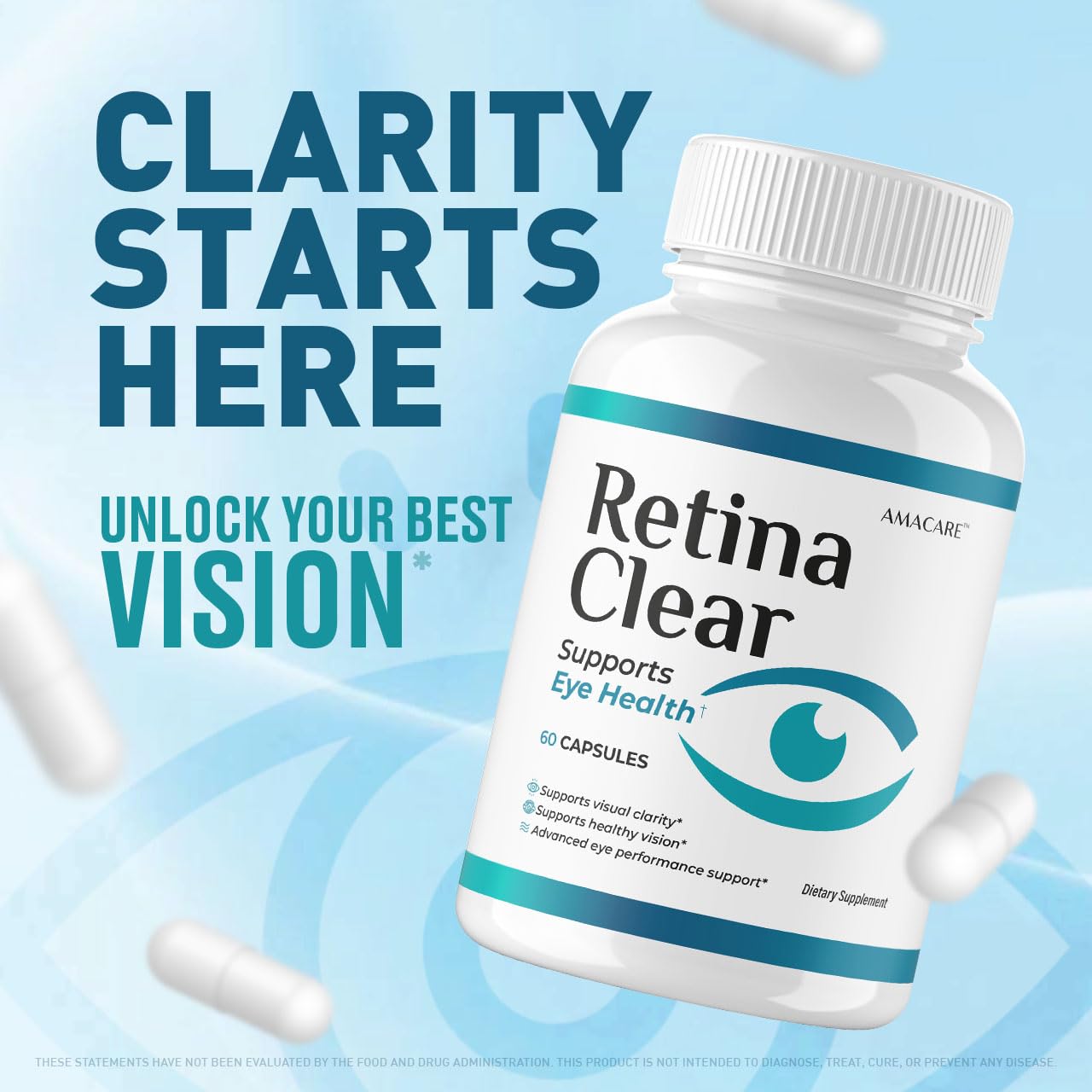 Close-up of AMACARE Retina Clear capsules ready for daily use