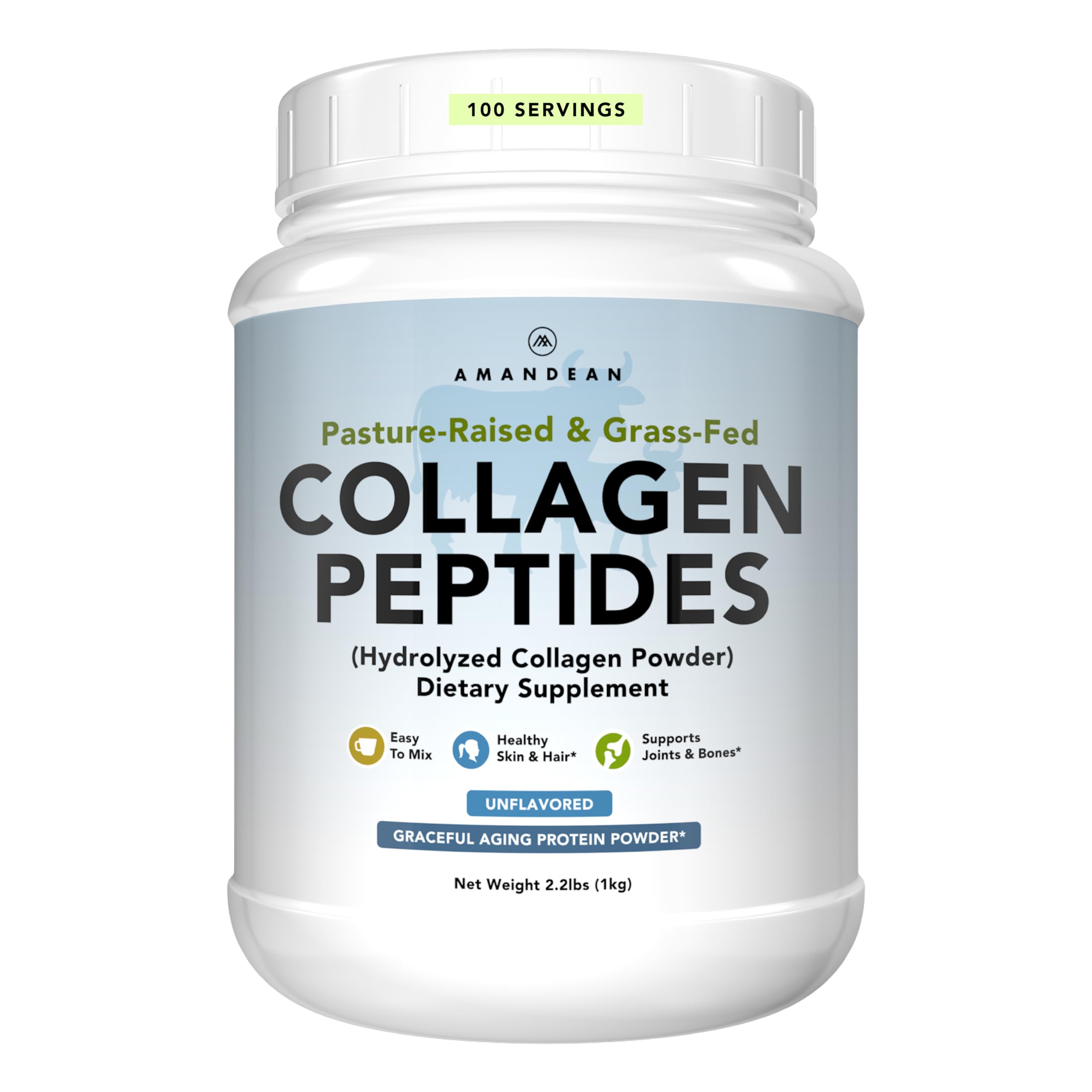 AMANDEAN Collagen Powder tub front demonstrates a clean unflavored formula for easy daily use.