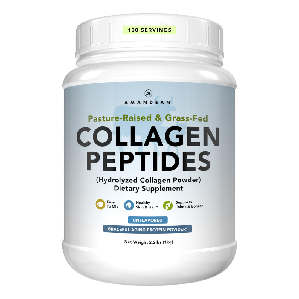 AMANDEAN Collagen Powder tub front demonstrates a clean unflavored formula for easy daily use.