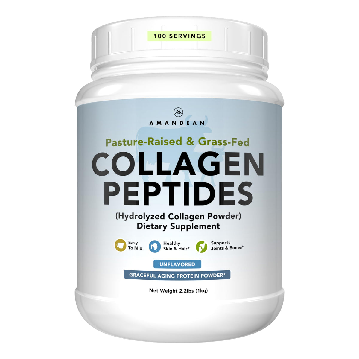 AMANDEAN Collagen Powder tub front demonstrates a clean unflavored formula for easy daily use.