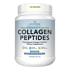 AMANDEAN Collagen Powder tub front demonstrates a clean unflavored formula for easy daily use.