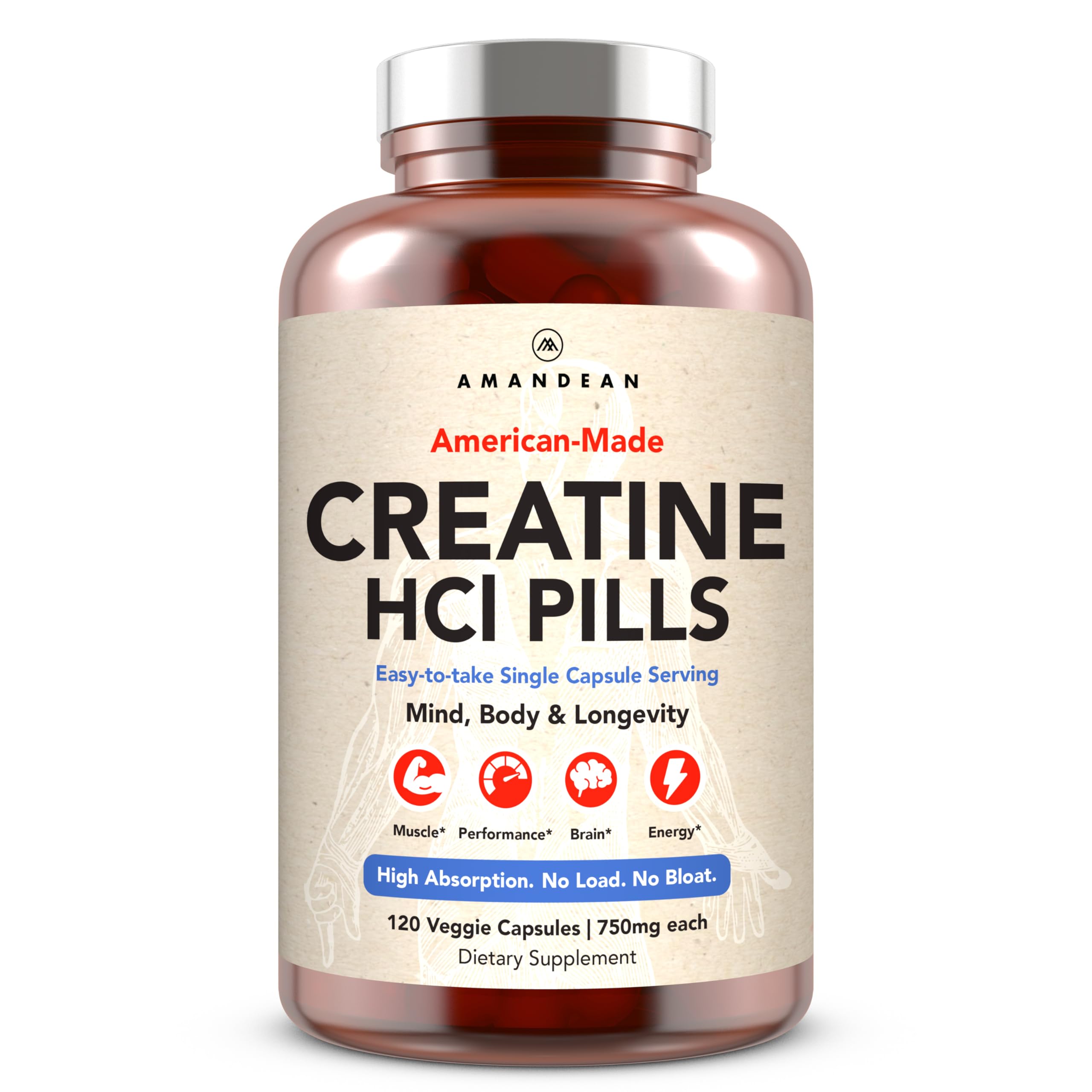 AMANDEAN Creatine HCl pills bottle for everyday workouts and recovery.