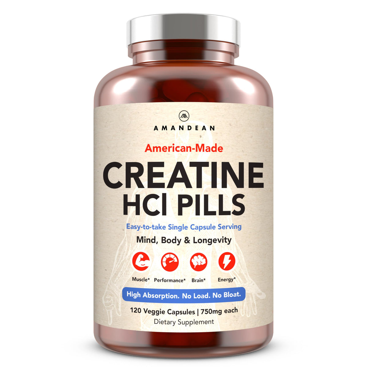AMANDEAN Creatine HCl pills bottle for everyday workouts and recovery.