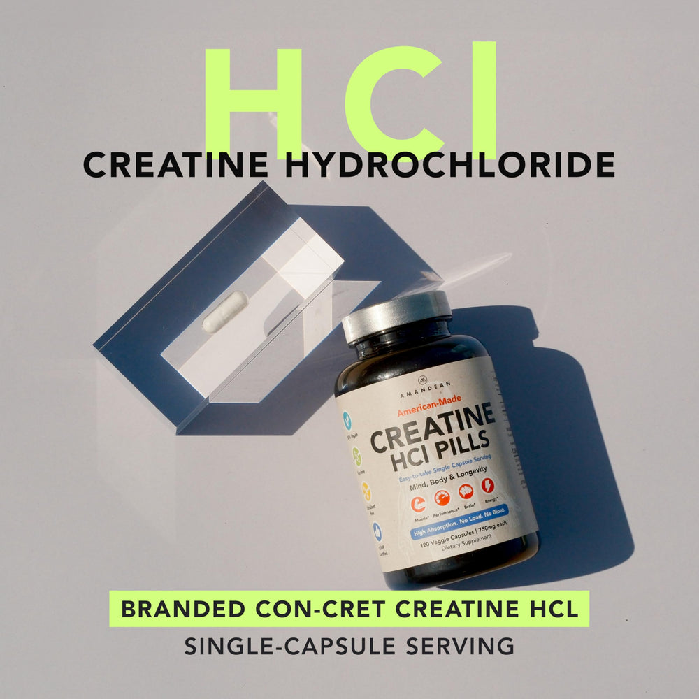 AMANDEAN Creatine HCl capsules close-up highlighting veggie capsules.