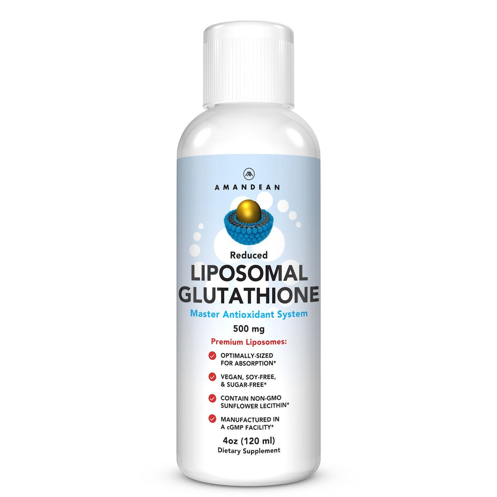 AMANDEAN Liposomal Glutathione bottle pour demonstrates easy serving and potency