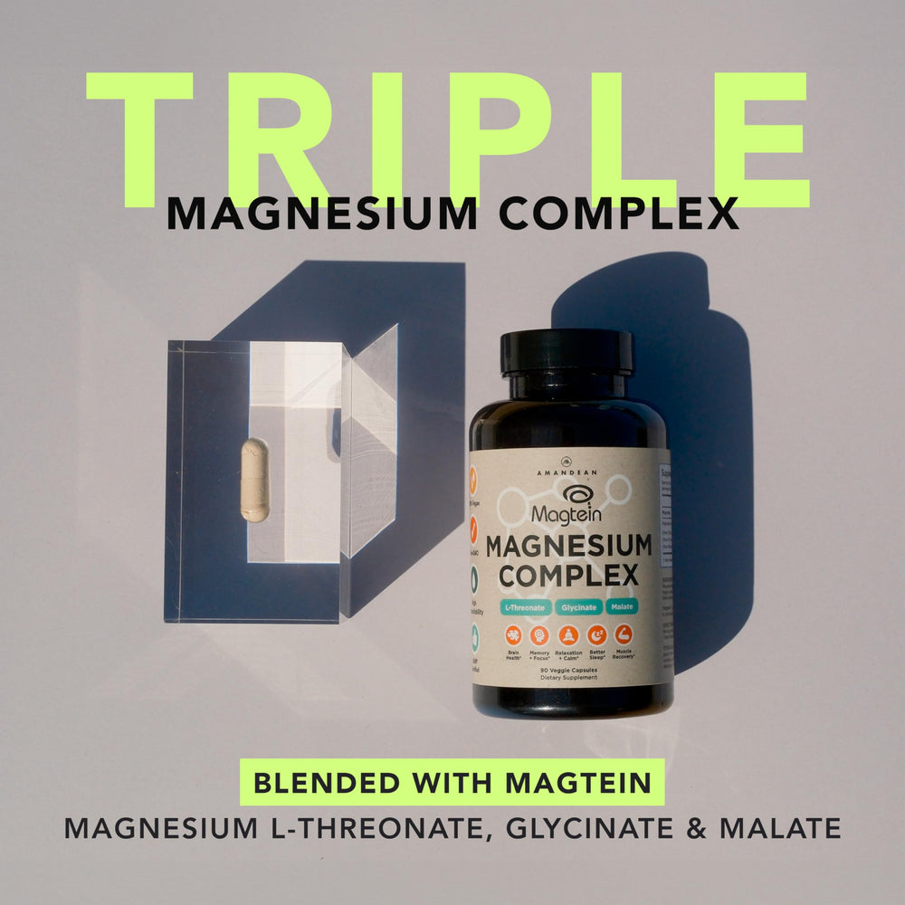 Amandean Magtein Capsules close-up, highlighting fast-absorbing magnesium for cognitive function.