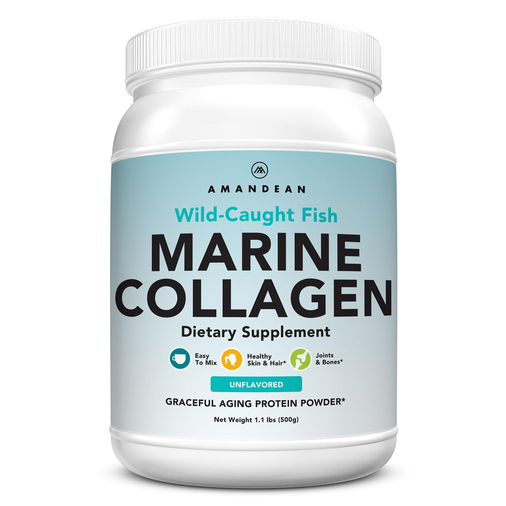 AMANDEAN Marine Collagen bottle closeup highlights wild-caught North Atlantic origin.
