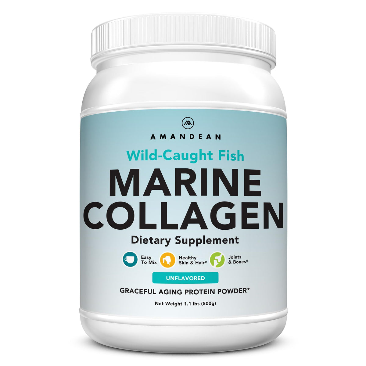 AMANDEAN Marine Collagen bottle closeup highlights wild-caught North Atlantic origin.