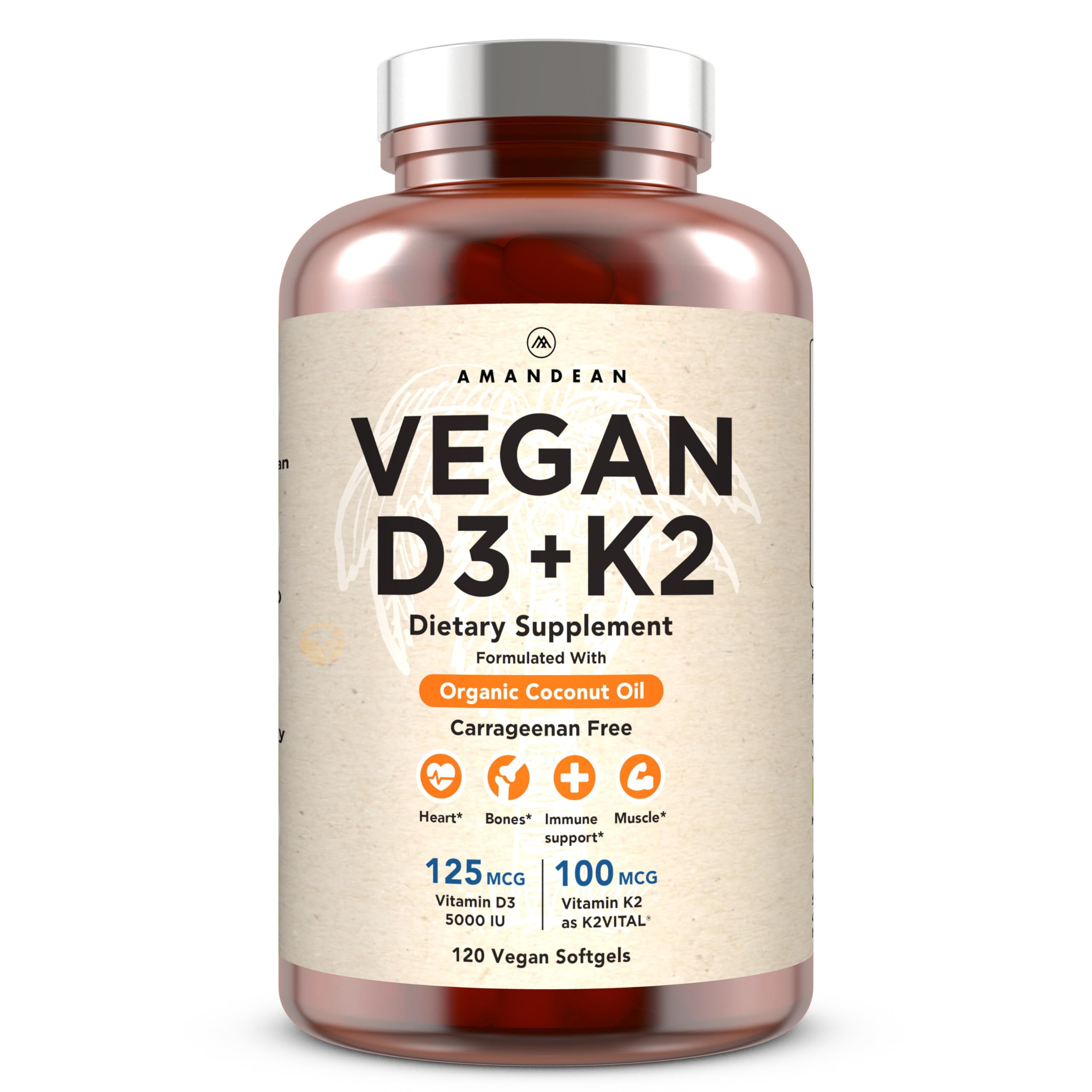 AMANDEAN vegan D3 K2 bottle front for daily bone and mood support