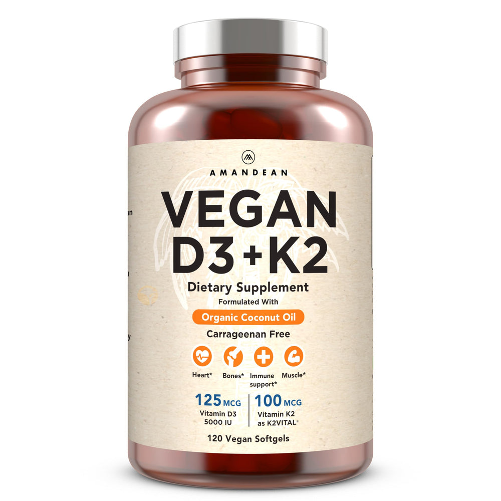 AMANDEAN vegan D3 K2 bottle front for daily bone and mood support