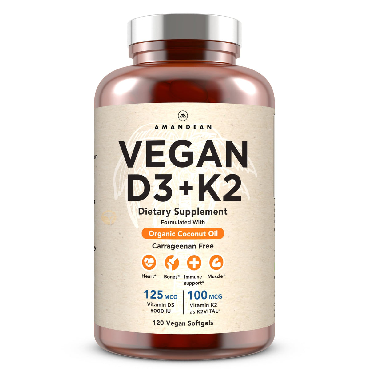 AMANDEAN vegan D3 K2 bottle front for daily bone and mood support