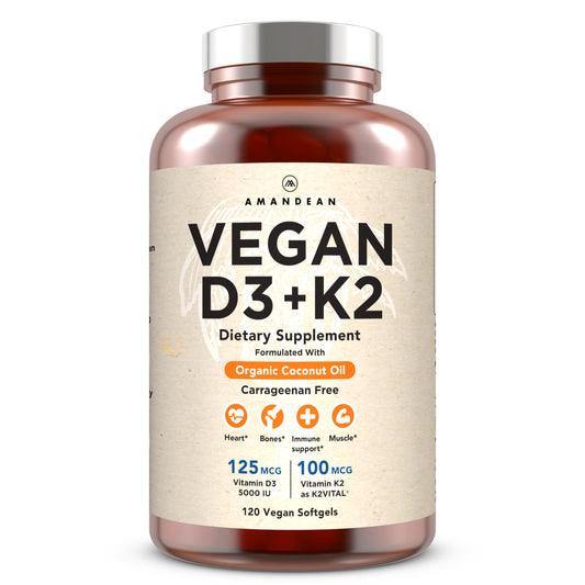 AMANDEAN vegan D3 K2 bottle front for daily bone and mood support