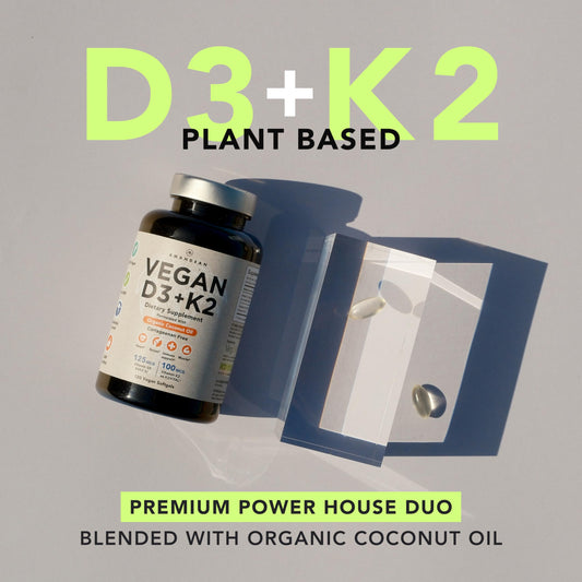 AMANDEAN vegan D3 K2 softgels closeup showing carrageenan-free capsules with coconut oil