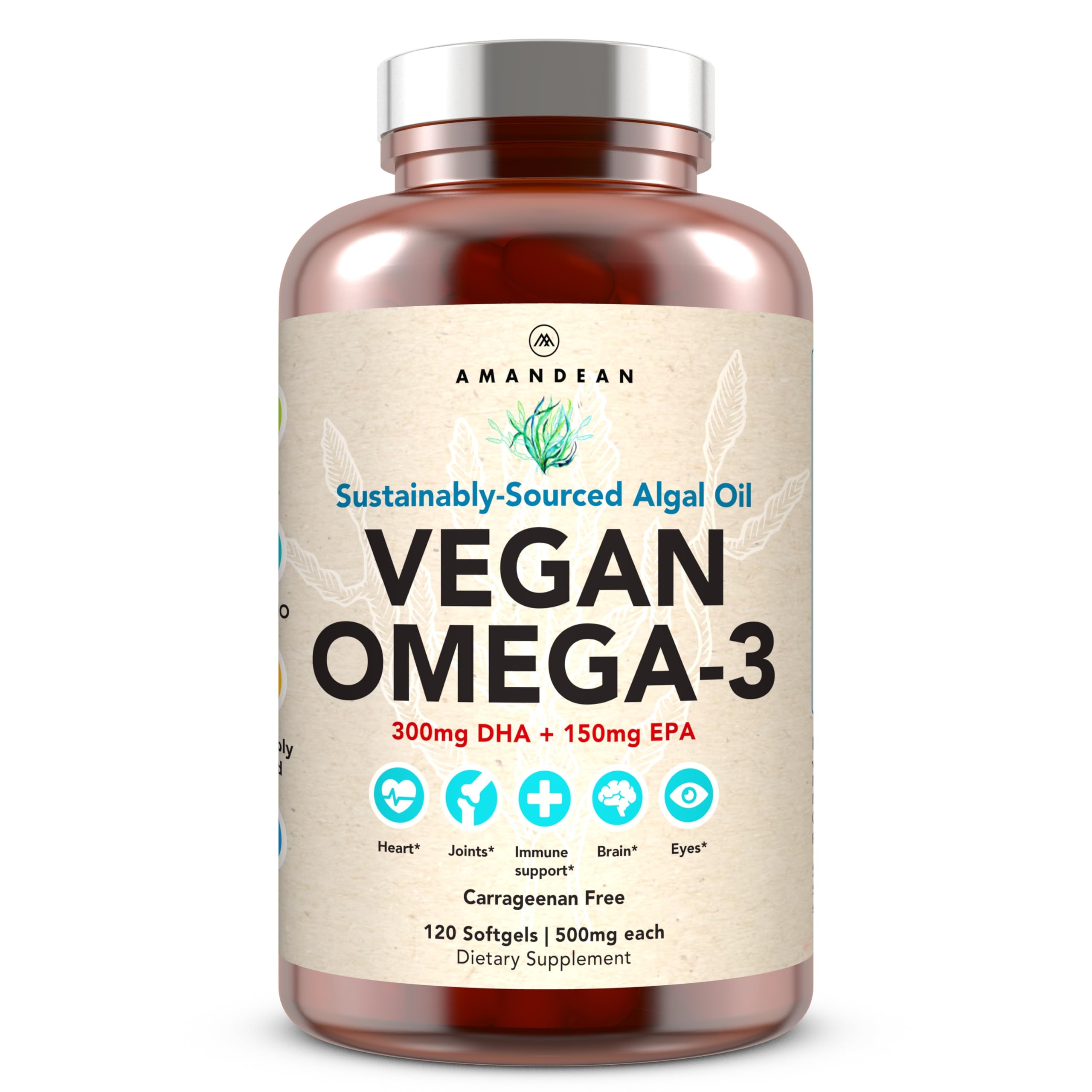 AMANDEAN Vegan Omega-3 bottle—premium algae-based softgels for daily wellness.
