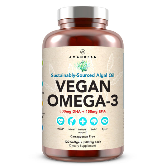 AMANDEAN Vegan Omega-3 bottle—premium algae-based softgels for daily wellness.