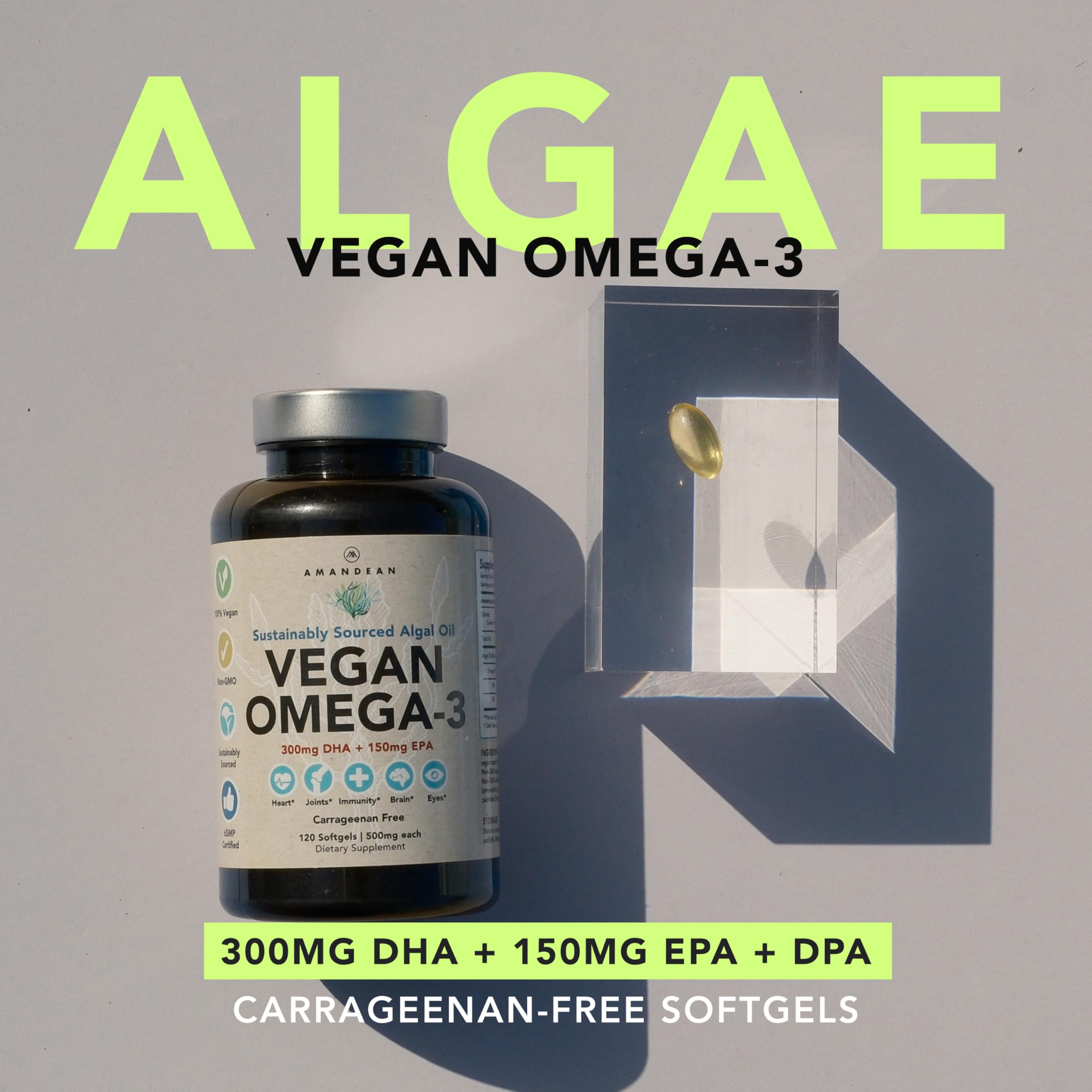 AMANDEAN Vegan Omega-3 softgels closeup—carrageenan-free DHA & EPA source.