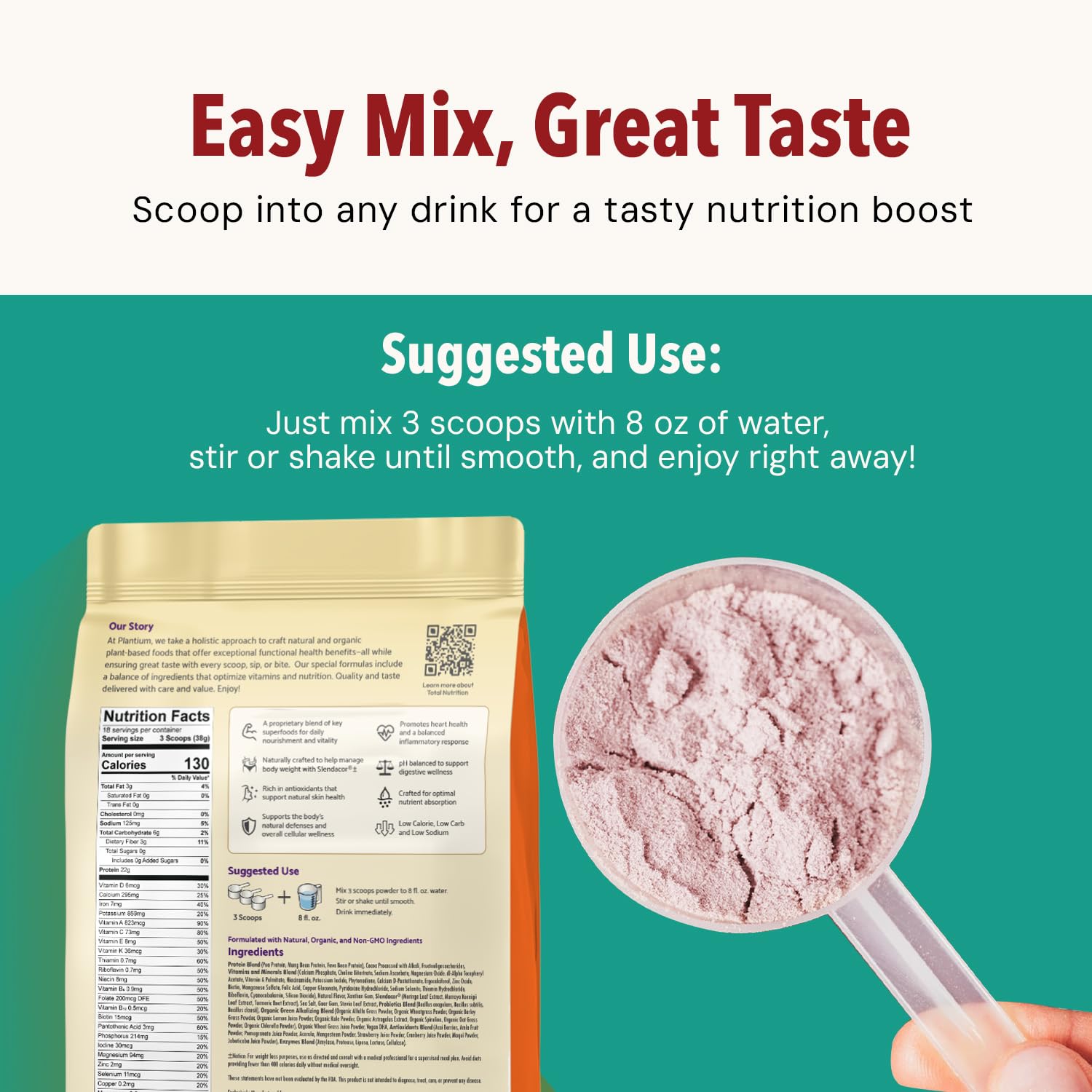 AMAXI Plantium nutrition facts panel shows 23 vitamins and minerals.