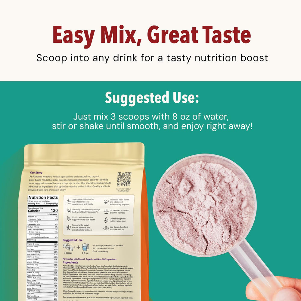 AMAXI Plantium nutrition facts panel shows 23 vitamins and minerals.