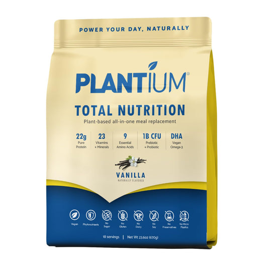 AMAXI Plantium Total Nutrition tub shown for daily protein-packed meal replacement.