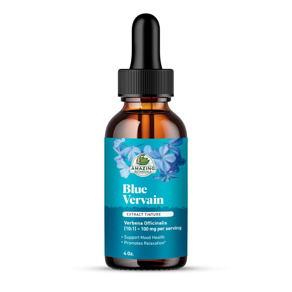 Amazing Botanicals Blue Vervain tincture bottle for calming mood support.