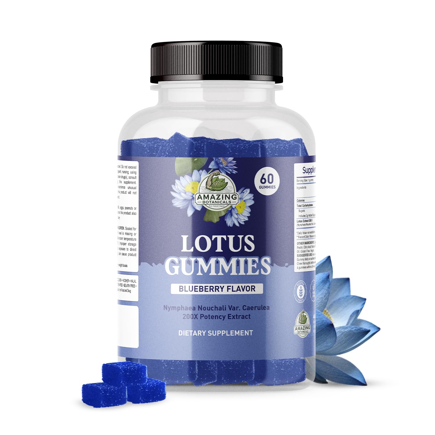Amazing Botanicals Blueberry Lotus Gummies bottle for calming moments and daily wellness.