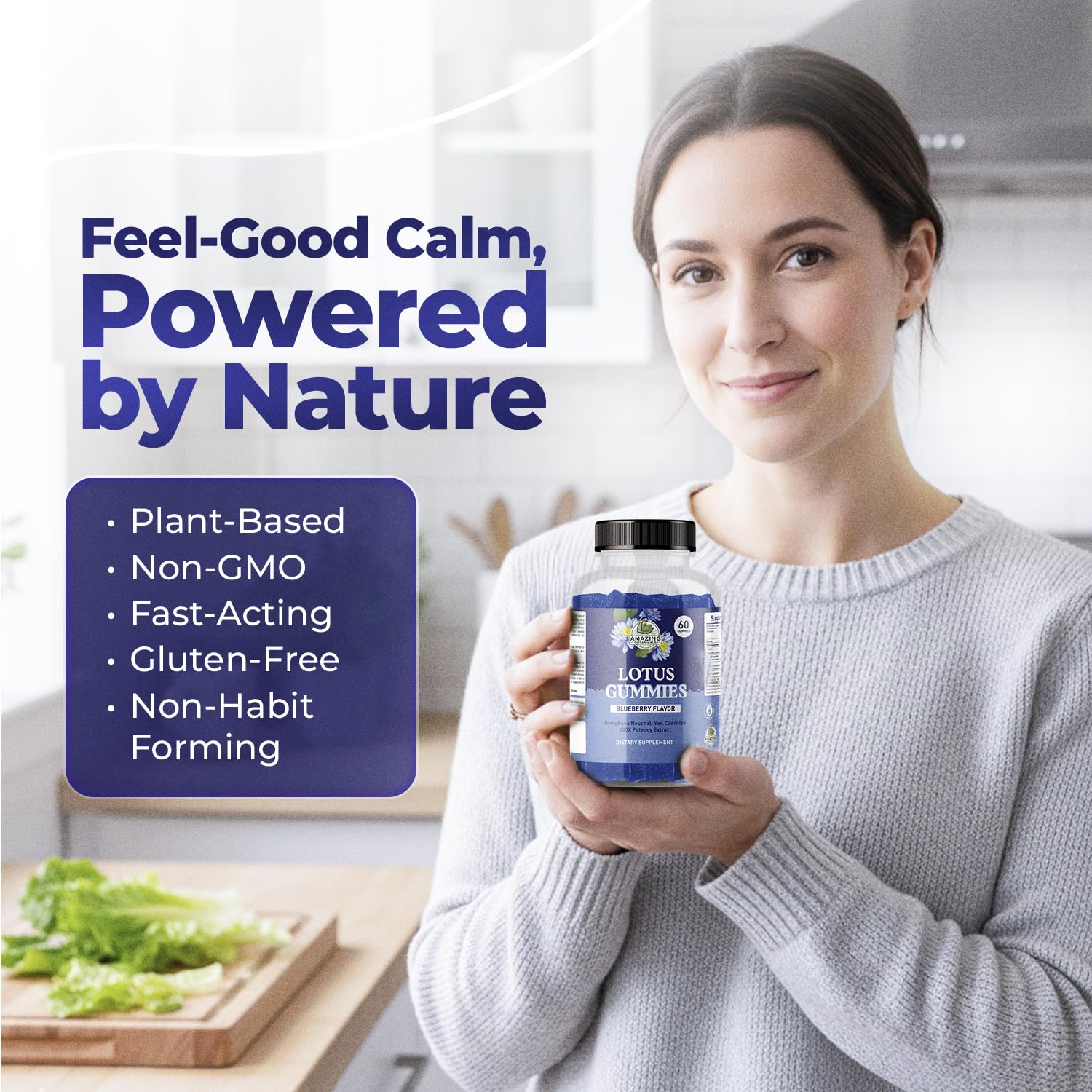 Amazing Botanicals Blueberry Lotus Gummies textured surface closeup communicates premium quality.
