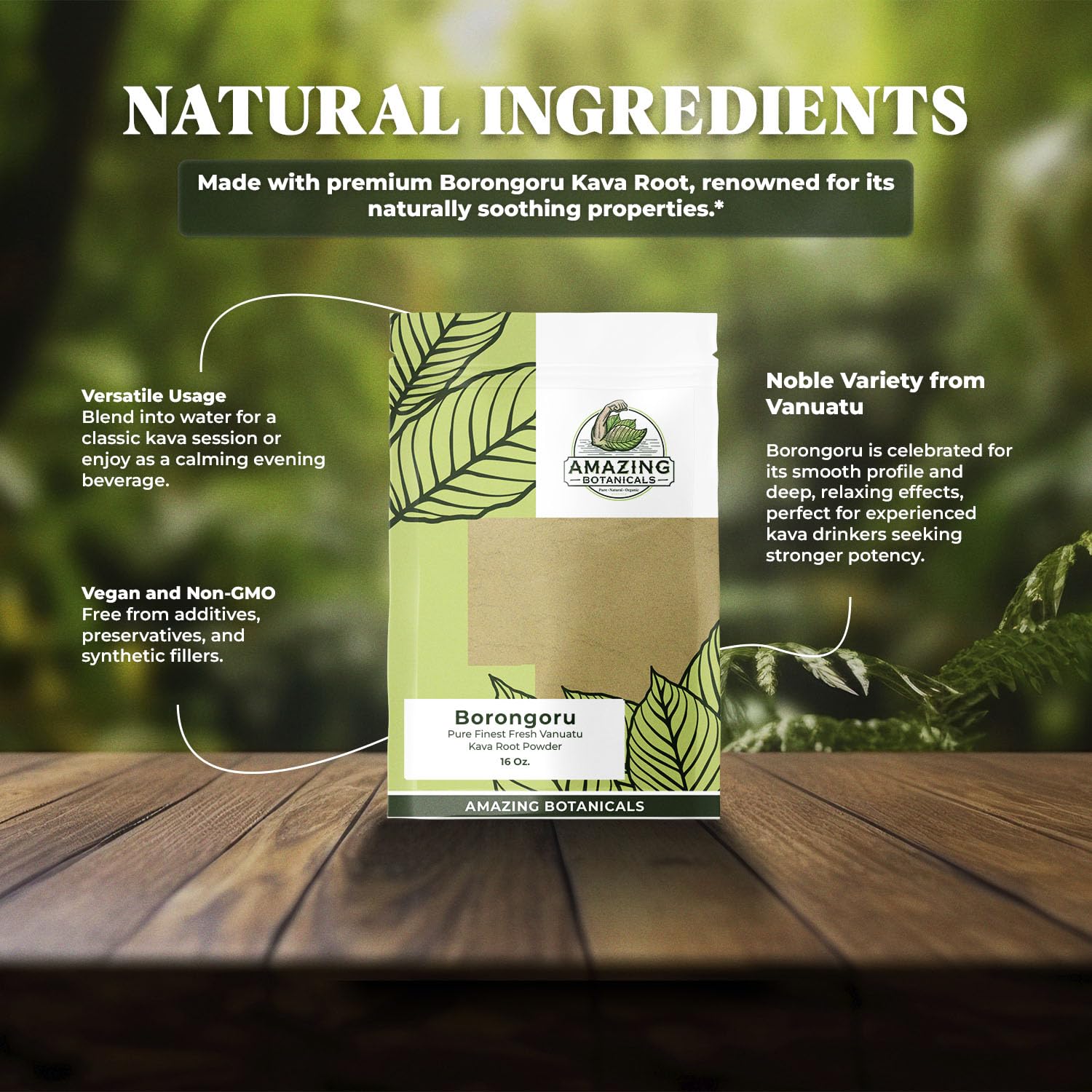 Amazing Botanicals Kava root bag and spoon for measured servings.